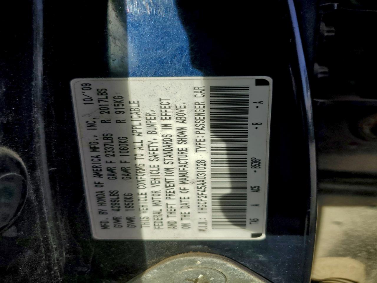 2010 Honda Accord Lxp VIN: 1HGCP2F45AA031028 Lot: 94229325