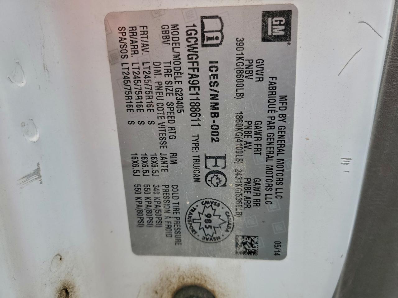 2014 Chevrolet Express G2500 VIN: 1GCWGFFA9E1188611 Lot: 93443325