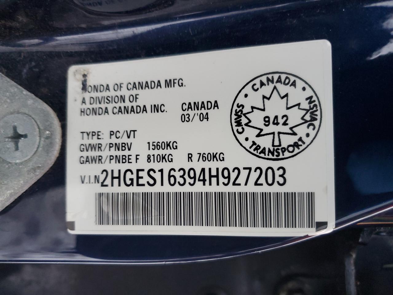 2004 Honda Civic Dx Vp VIN: 2HGES16394H927203 Lot: 91909555