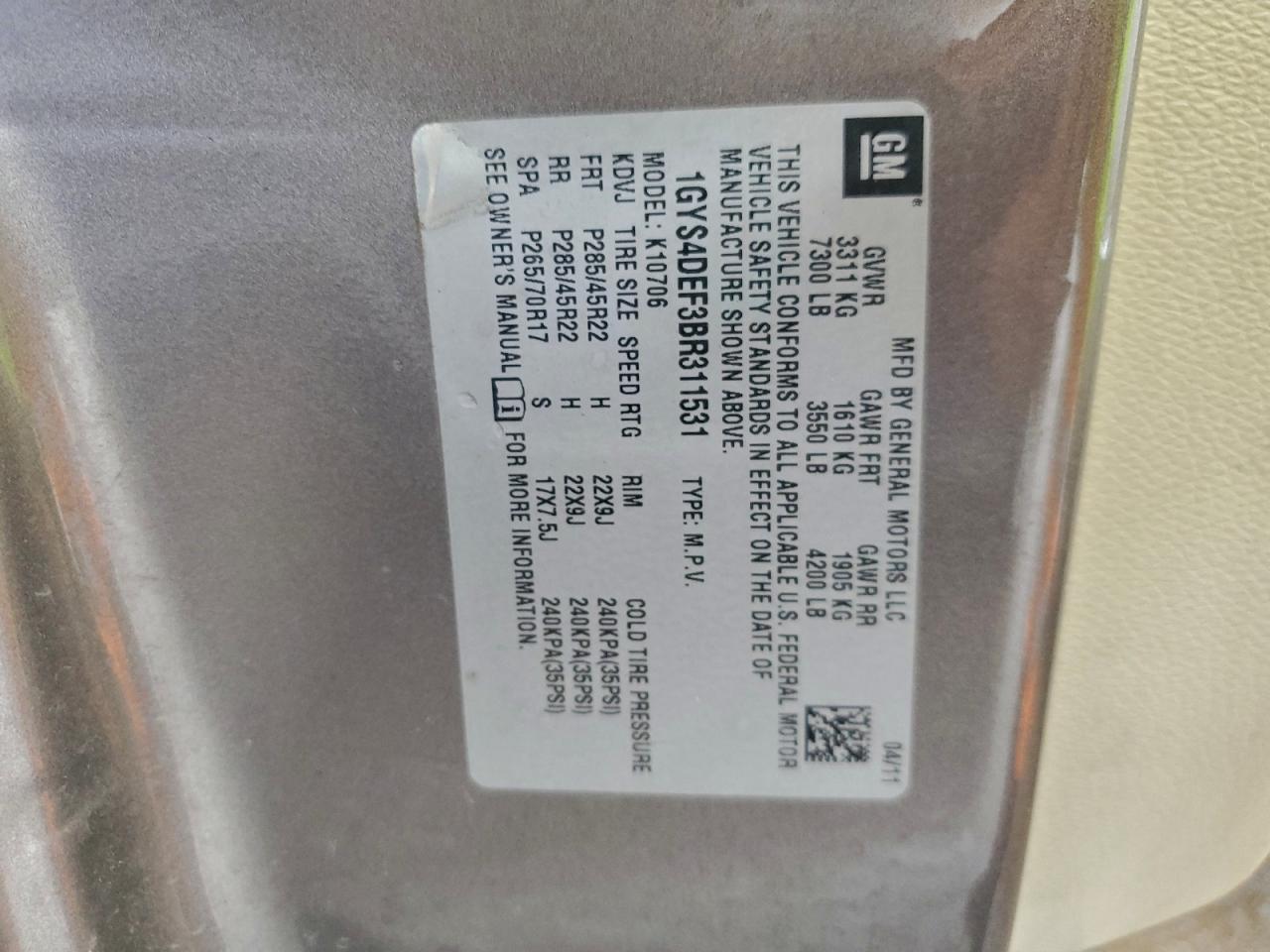 2011 Cadillac Escalade Platinum VIN: 1GYS4DEF3BR311531 Lot: 94434255