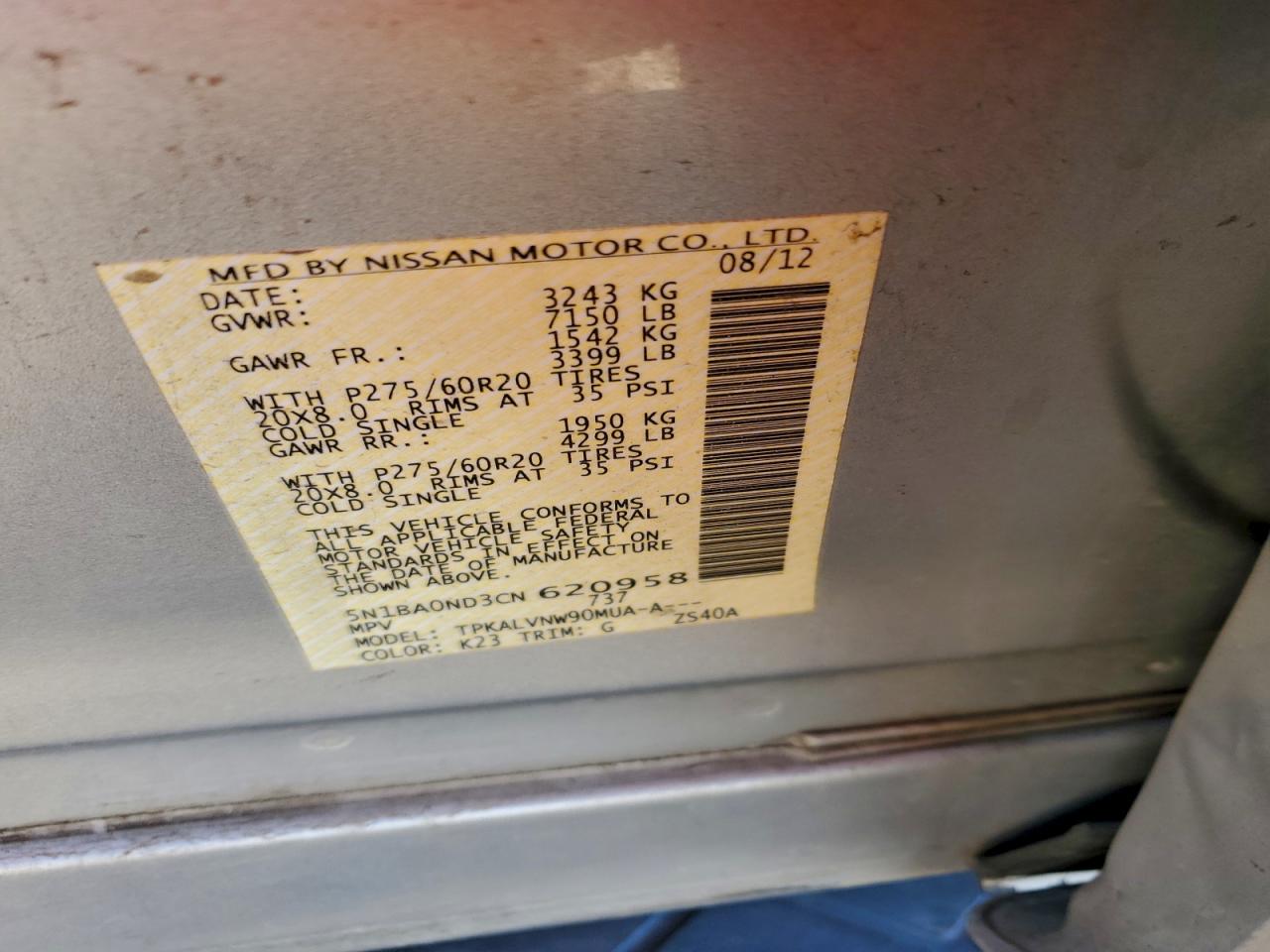 2012 Nissan Armada Sv VIN: 5N1BA0ND3CN620958 Lot: 93725935