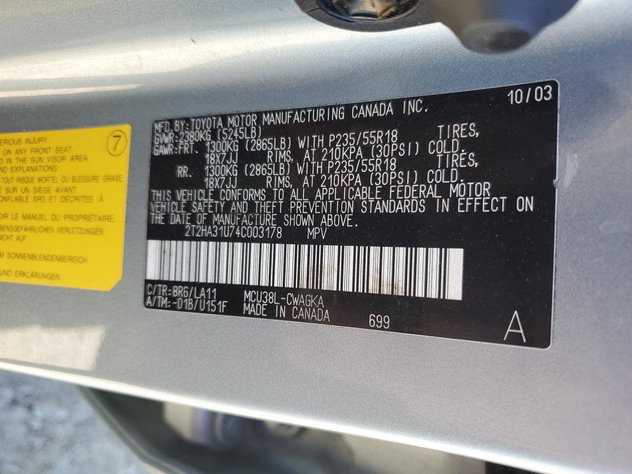 2004 Lexus Rx 330 VIN: 2T2HA31U74C003178 Lot: 85400905