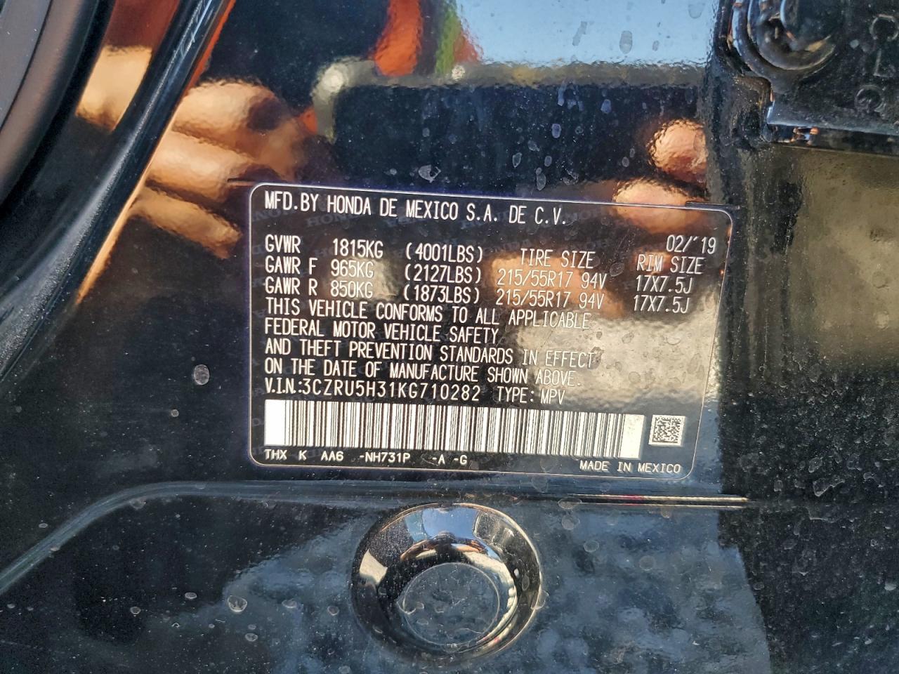 2019 Honda Hr-V Lx VIN: 3CZRU5H31KG710282 Lot: 94228375