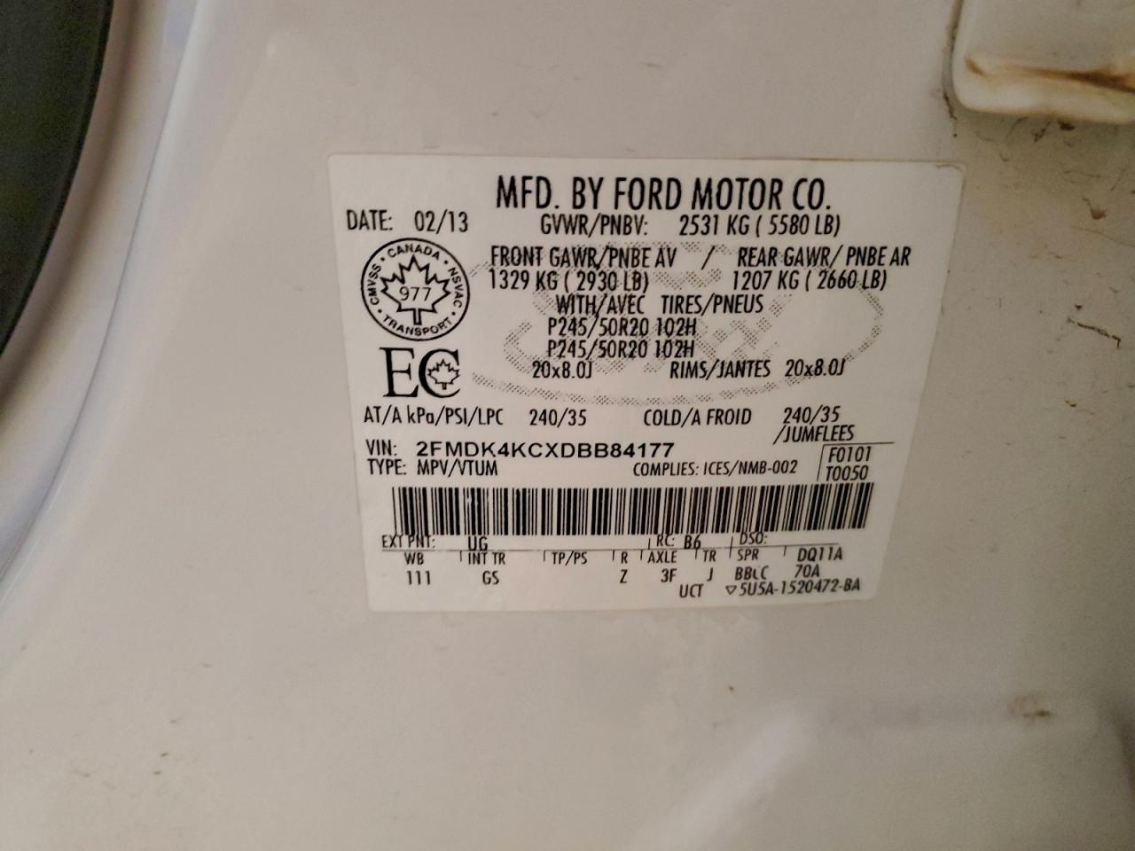 2013 Ford Edge Limited VIN: 2FMDK4KCXDBB84177 Lot: 94427585