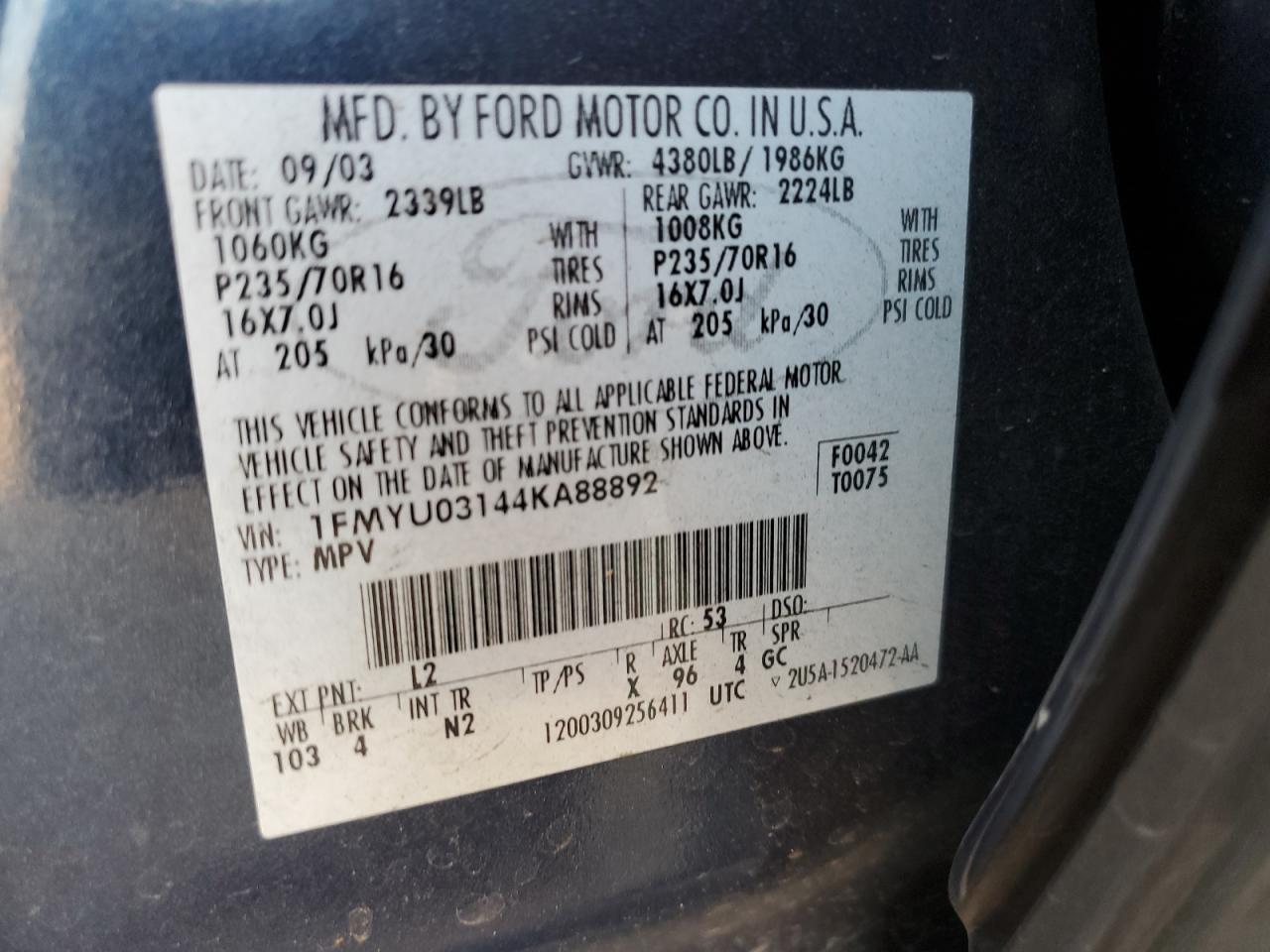 2004 Ford Escape Xlt VIN: 1FMYU03144KA88892 Lot: 92459315