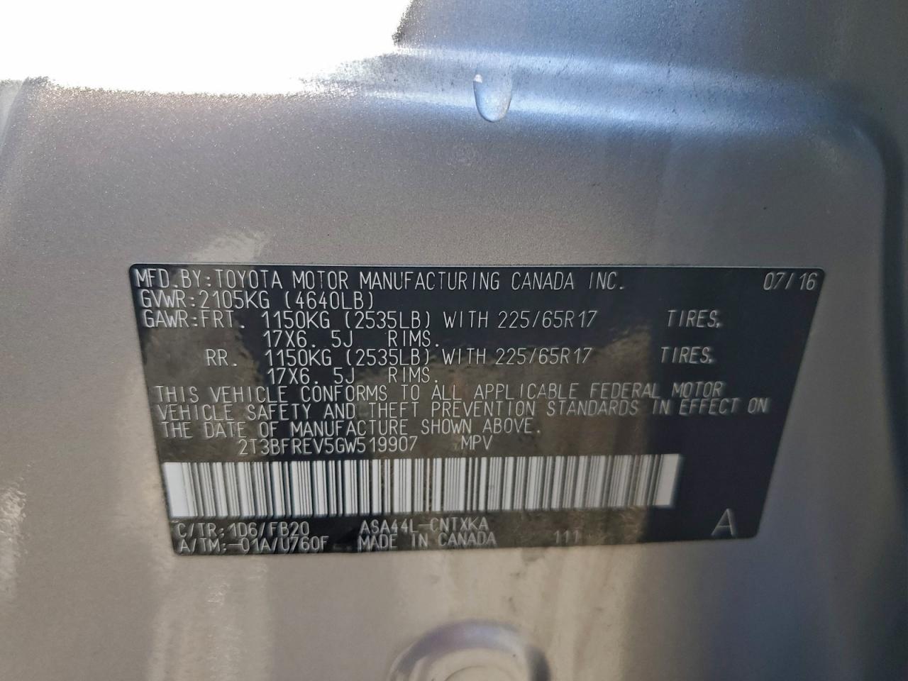 2016 Toyota Rav4 Le VIN: 2T3BFREV5GW519907 Lot: 93924315