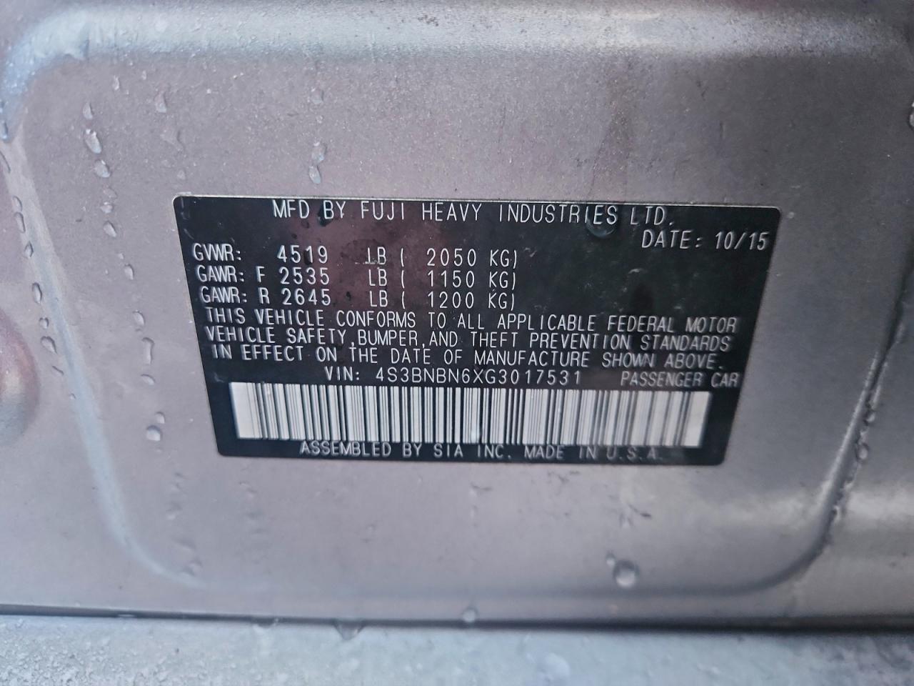 2016 Subaru Legacy 2.5I Limited VIN: 4S3BNBN6XG3017531 Lot: 93536125