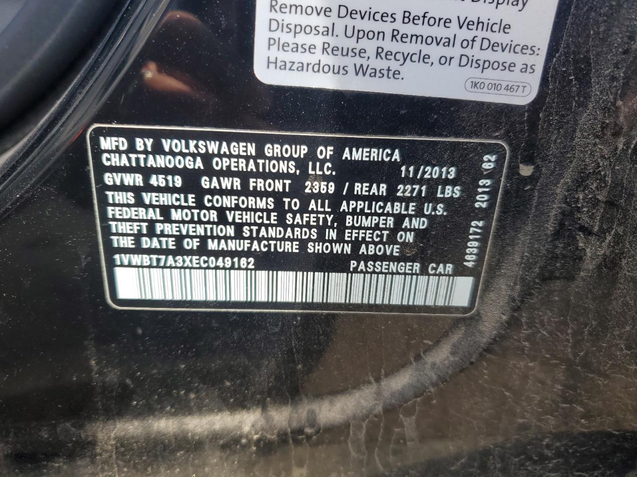 2014 Volkswagen Passat Se VIN: 1VWBT7A3XEC049162 Lot: 92469955