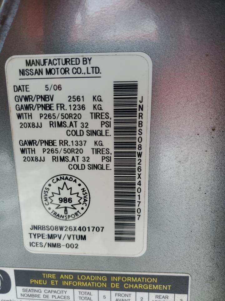 2006 Infiniti Fx45 VIN: JNRBS08W26X401707 Lot: 93033165