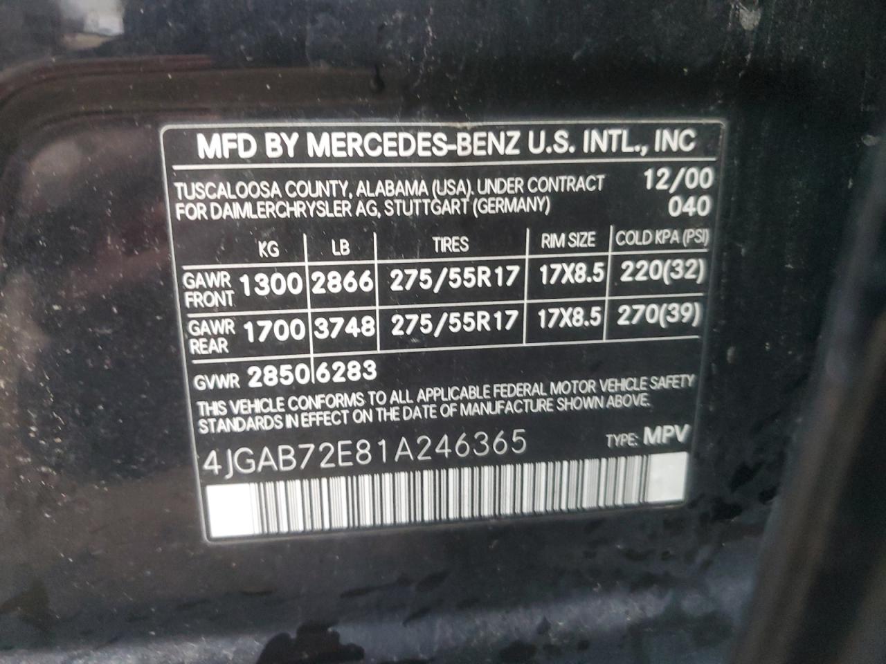 2001 Mercedes-Benz Ml 430 VIN: 4JGAB72E81A246365 Lot: 93035425