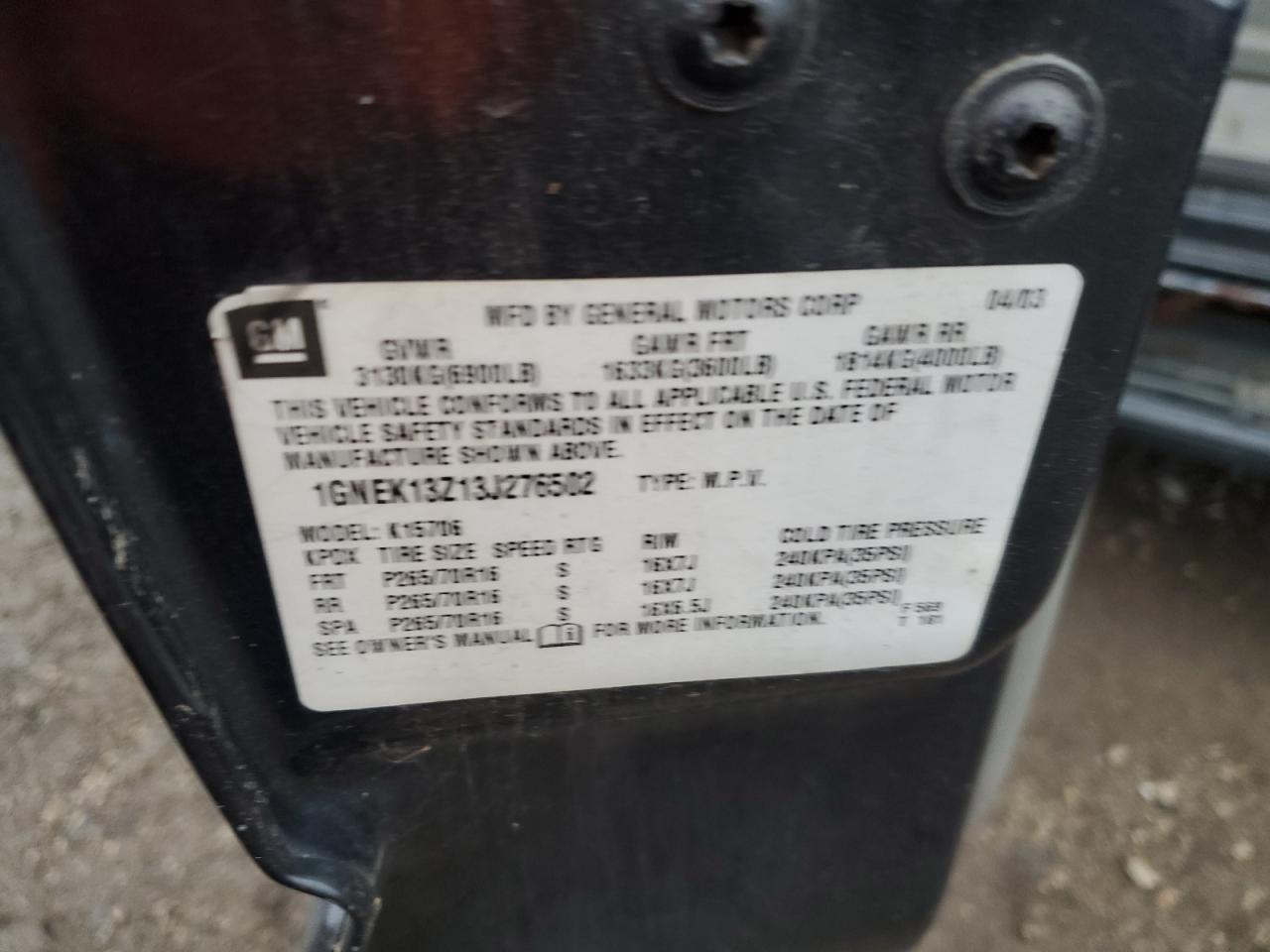 2003 Chevrolet Tahoe K1500 VIN: 1GNEK13Z13J276502 Lot: 92748795