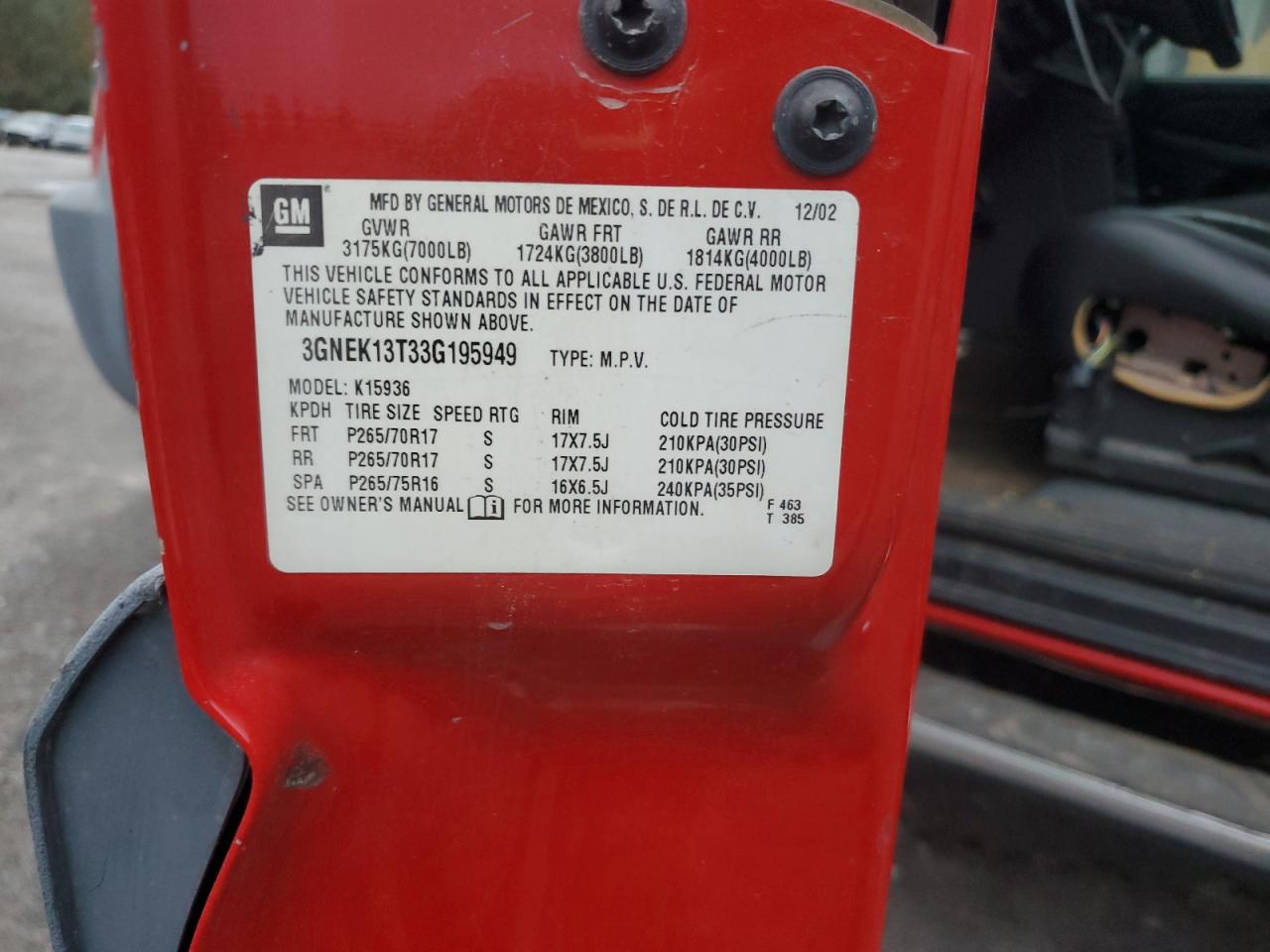 2003 Chevrolet Avalanche K1500 VIN: 3GNEK13T33G195949 Lot: 92309285