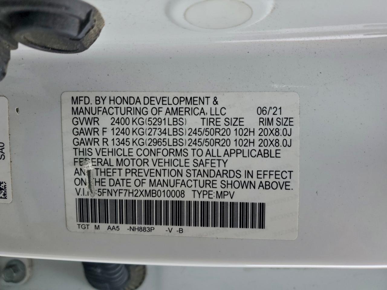 2021 Honda Passport Sport VIN: 5FNYF7H2XMB010008 Lot: 94357065