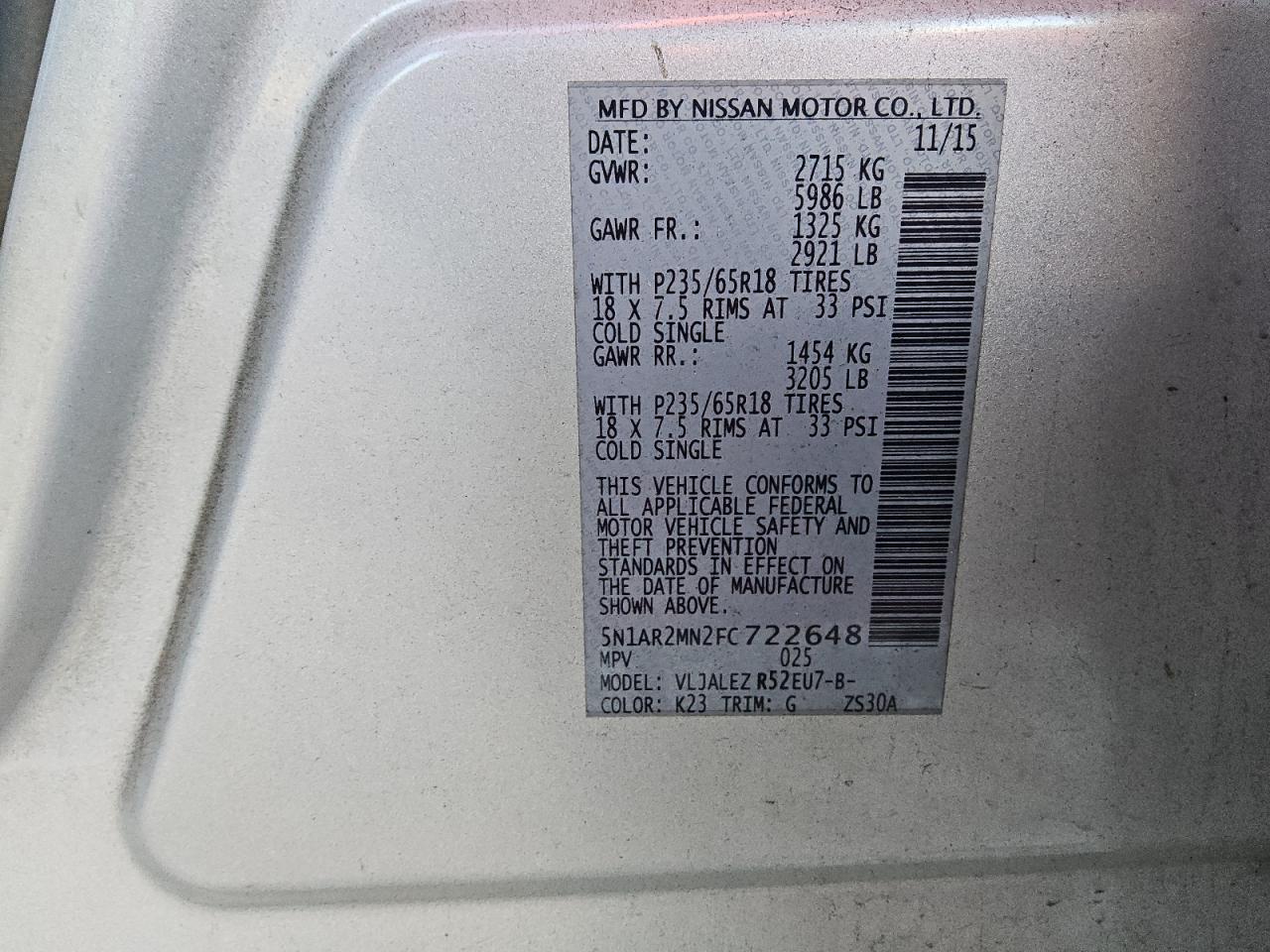 2015 Nissan Pathfinder S VIN: 5N1AR2MN2FC722648 Lot: 91270815