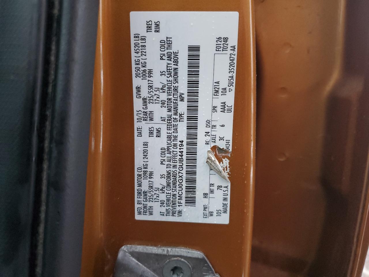 2016 Ford Escape Se VIN: 1FMCU0GX7GUB44194 Lot: 92353095