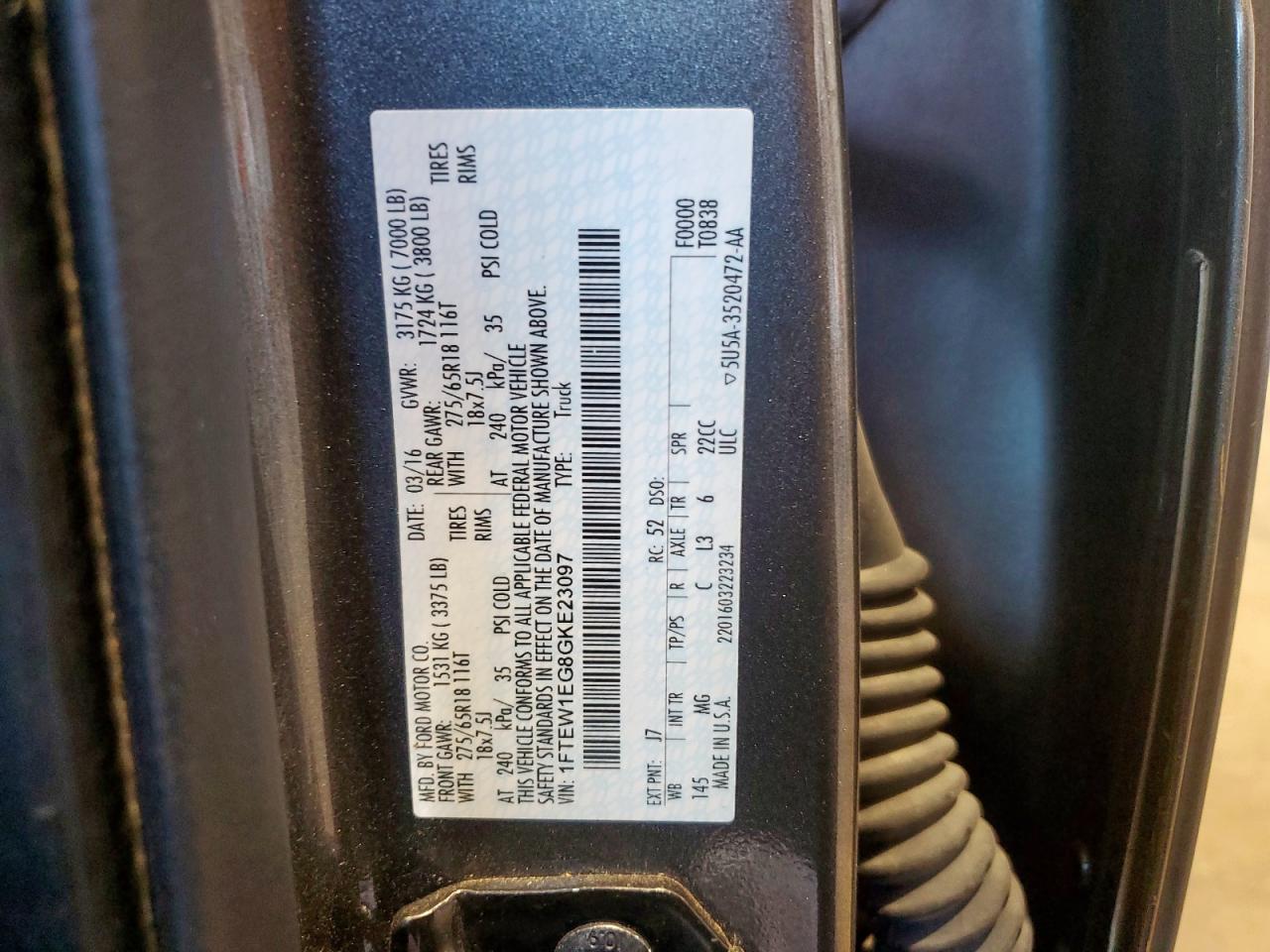 2016 Ford F150 Supercrew VIN: 1FTEW1EG8GKE23097 Lot: 90735495