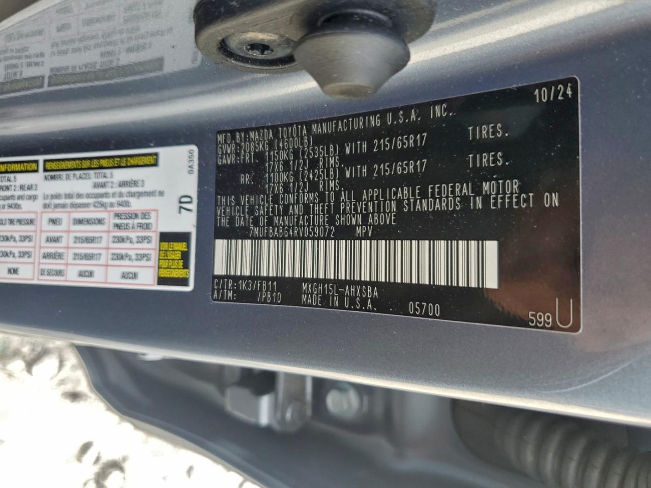 2024 Toyota Corolla Cross Se VIN: 7MUFBABG4RV059072 Lot: 94185895