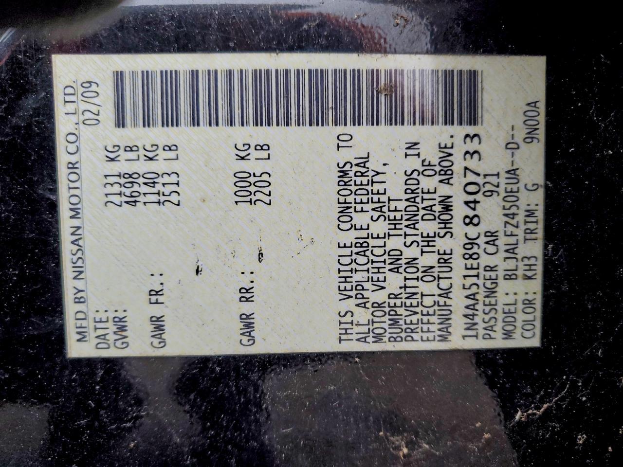 2009 Nissan Maxima S VIN: 1N4AA51E89C840733 Lot: 93501385