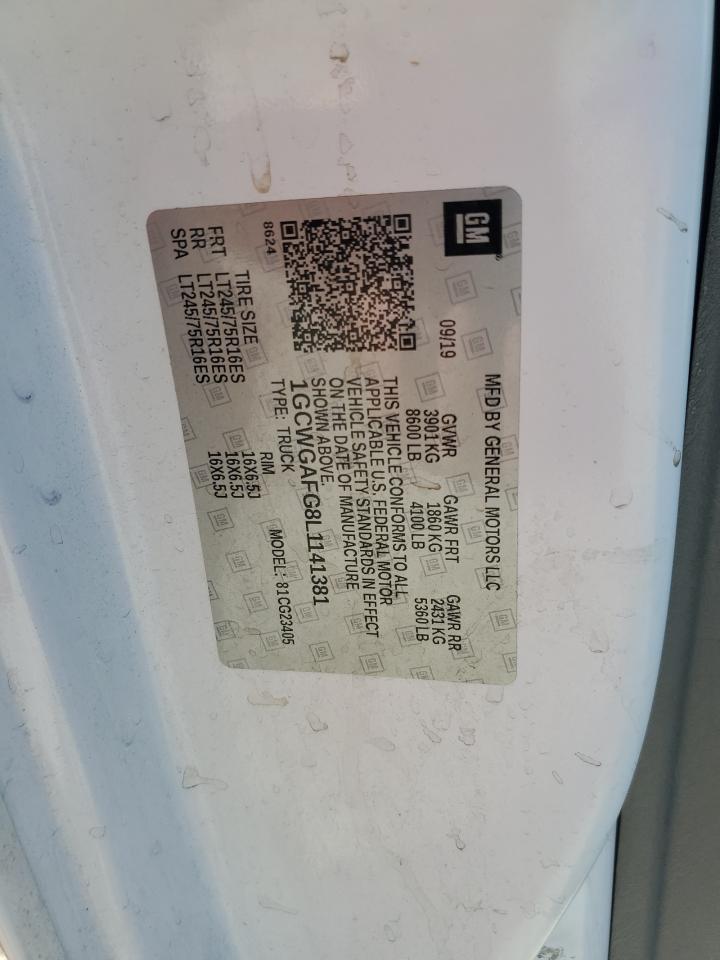 2020 Chevrolet Express G2500 VIN: 1GCWGAFG8L1141381 Lot: 90444895