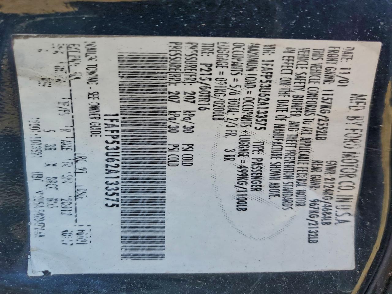 2002 Ford Taurus Se VIN: 1FAFP53U62A133575 Lot: 93607095