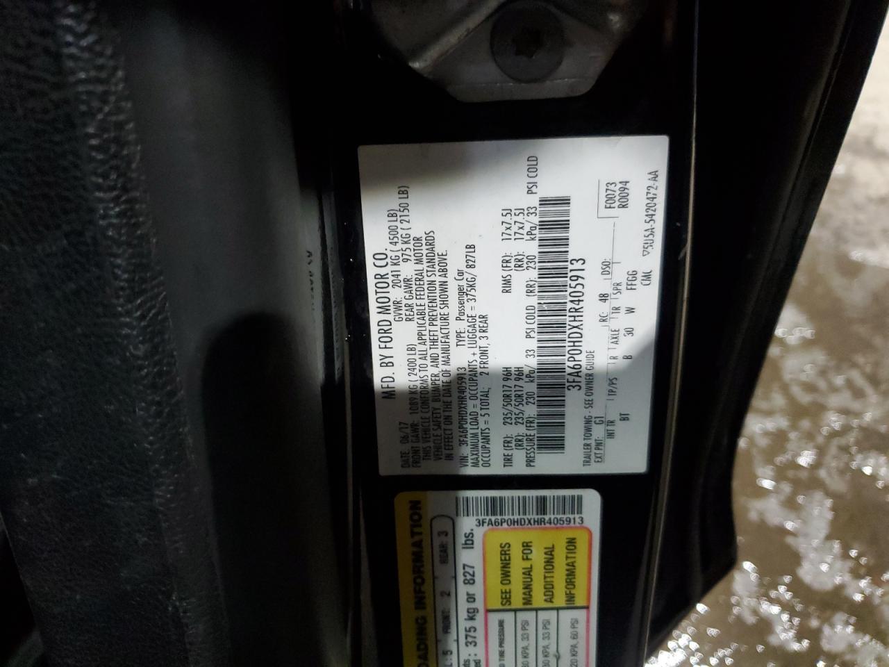 2017 Ford Fusion Se VIN: 3FA6P0HDXHR405913 Lot: 92365985