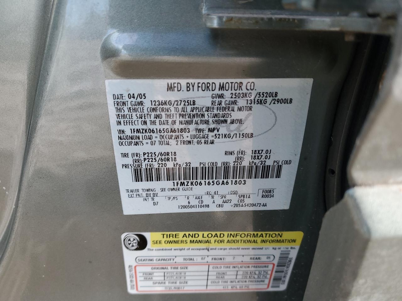 2005 Ford Freestyle Limited VIN: 1FMZK06165GA61803 Lot: 92081505