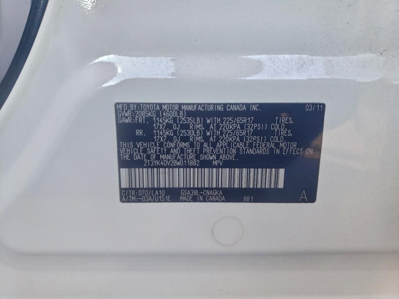 2011 Toyota Rav4 Limited VIN: 2T3YK4DV2BW011882 Lot: 94061035