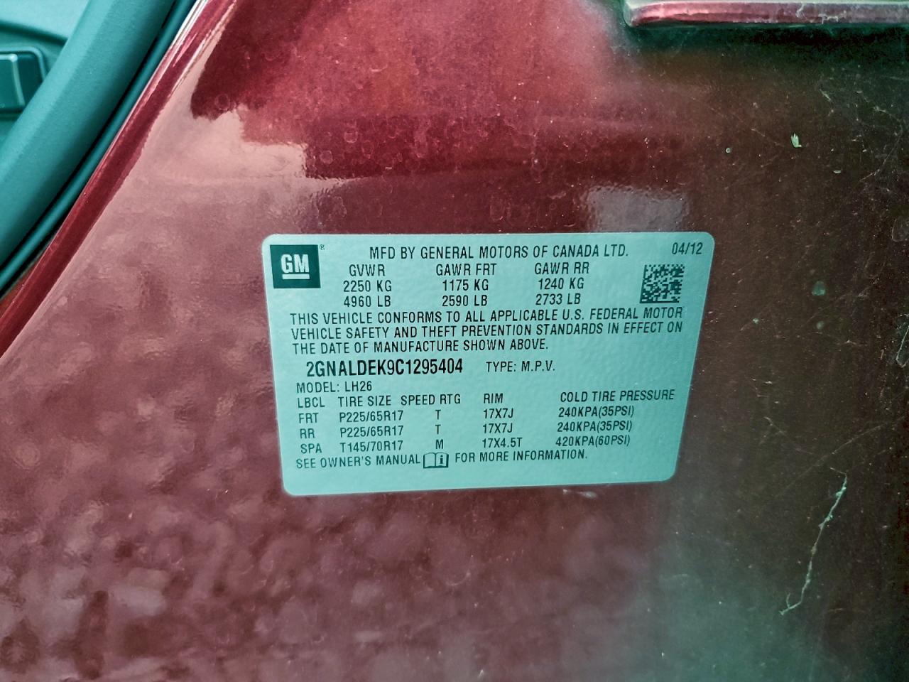 2012 Chevrolet Equinox Lt VIN: 2GNALDEK9C1295404 Lot: 94274395