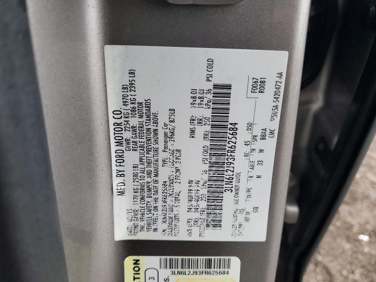 2015 Lincoln Mkz VIN: 3LN6L2J93FR625684 Lot: 93561885