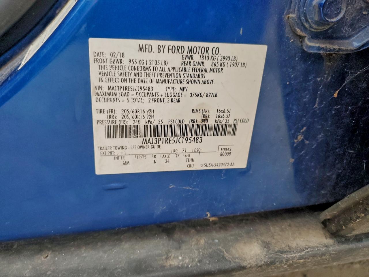 2018 Ford Ecosport S VIN: MAJ3P1RE5JC195483 Lot: 94464895