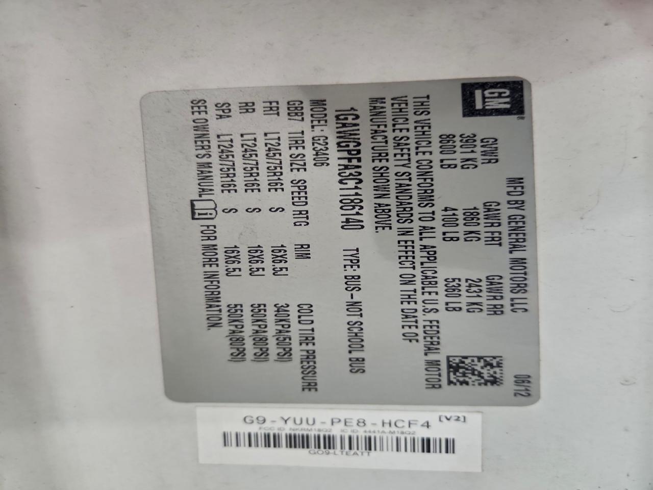 2012 Chevrolet Express G2500 Ls VIN: 1GAWGPFA3C1186140 Lot: 92721805