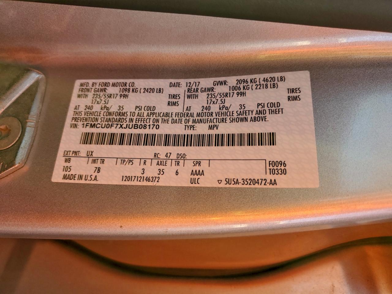 2018 Ford Escape S VIN: 1FMCU0F7XJUB08170 Lot: 93867745