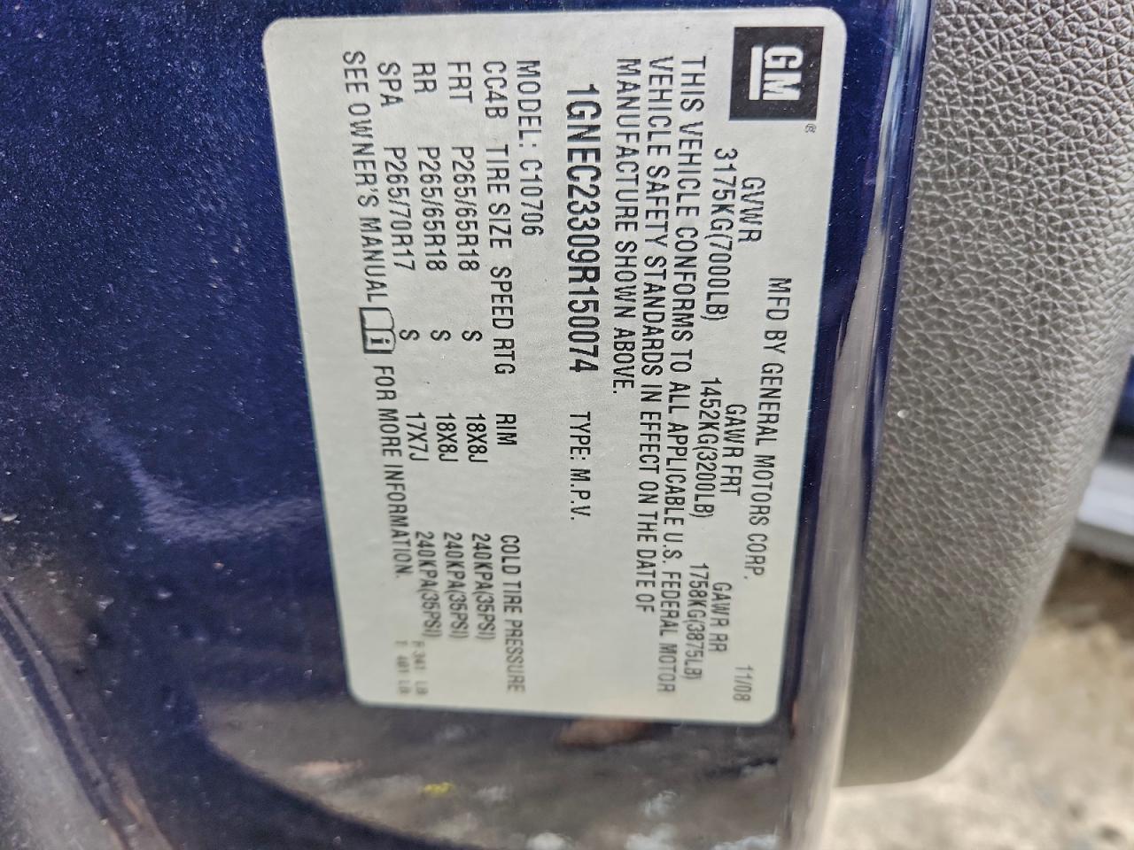 2009 Chevrolet Tahoe C1500 Lt VIN: 1GNEC23309R150074 Lot: 93652035