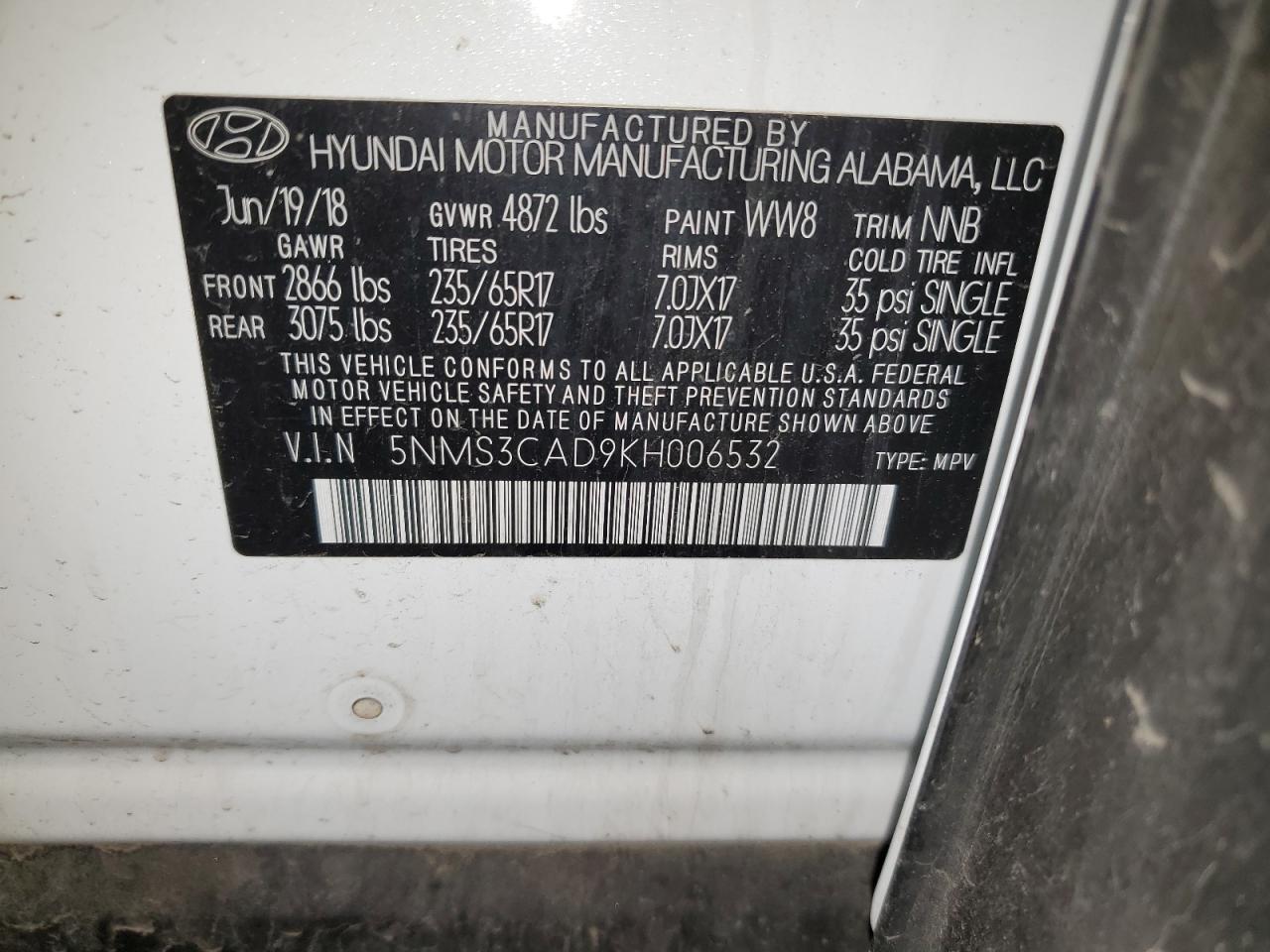 2019 Hyundai Santa Fe Sel VIN: 5NMS3CAD9KH006532 Lot: 93878725