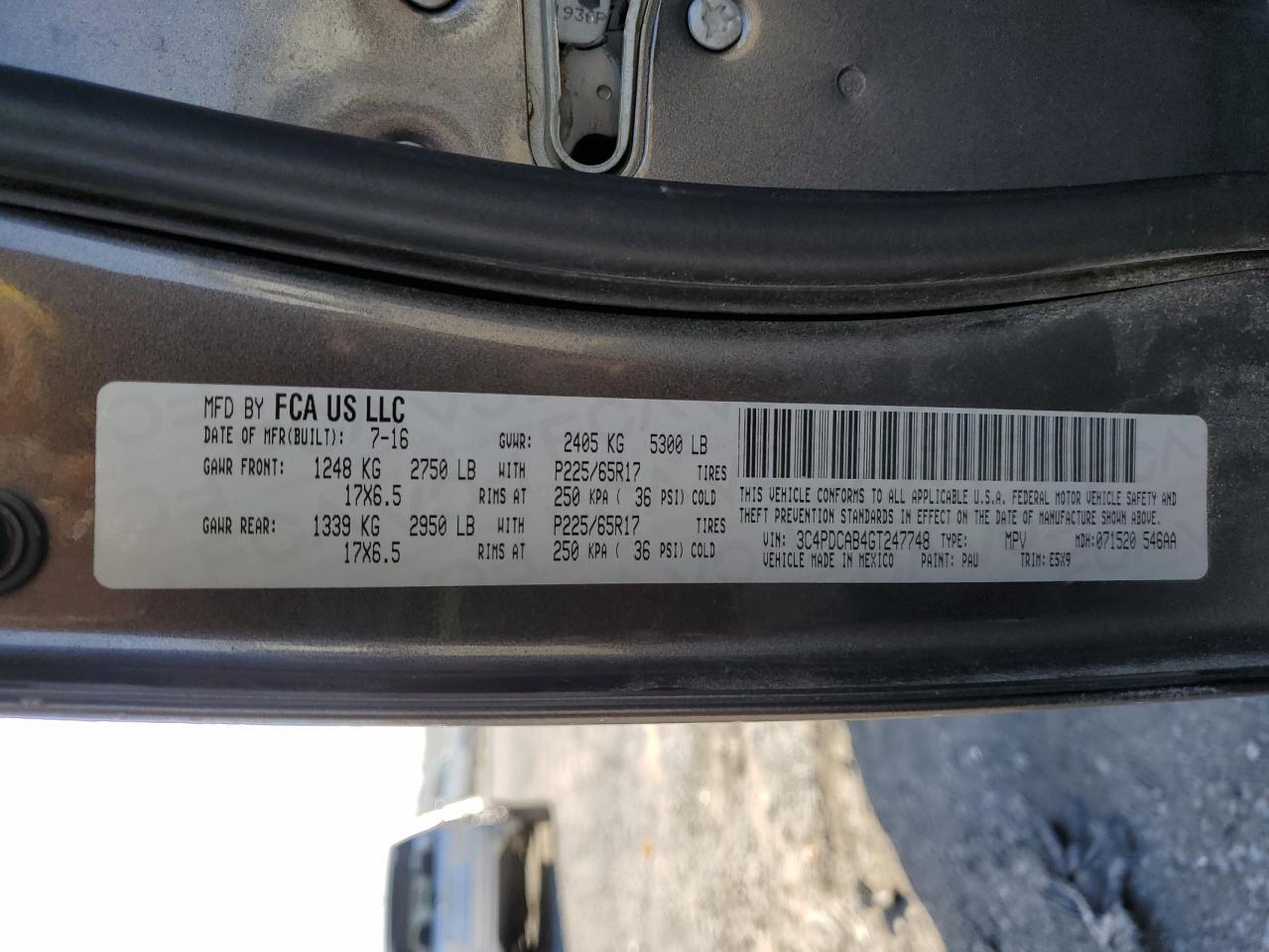 2016 Dodge Journey Se VIN: 3C4PDCAB4GT247748 Lot: 91845835