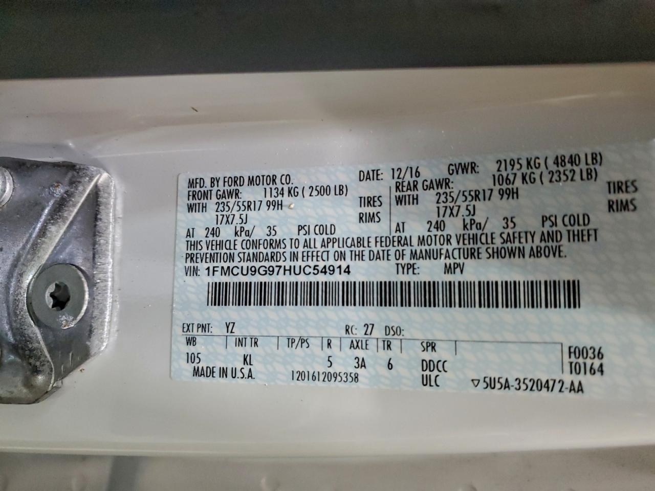 2017 Ford Escape Se VIN: 1FMCU9G97HUC54914 Lot: 94318255