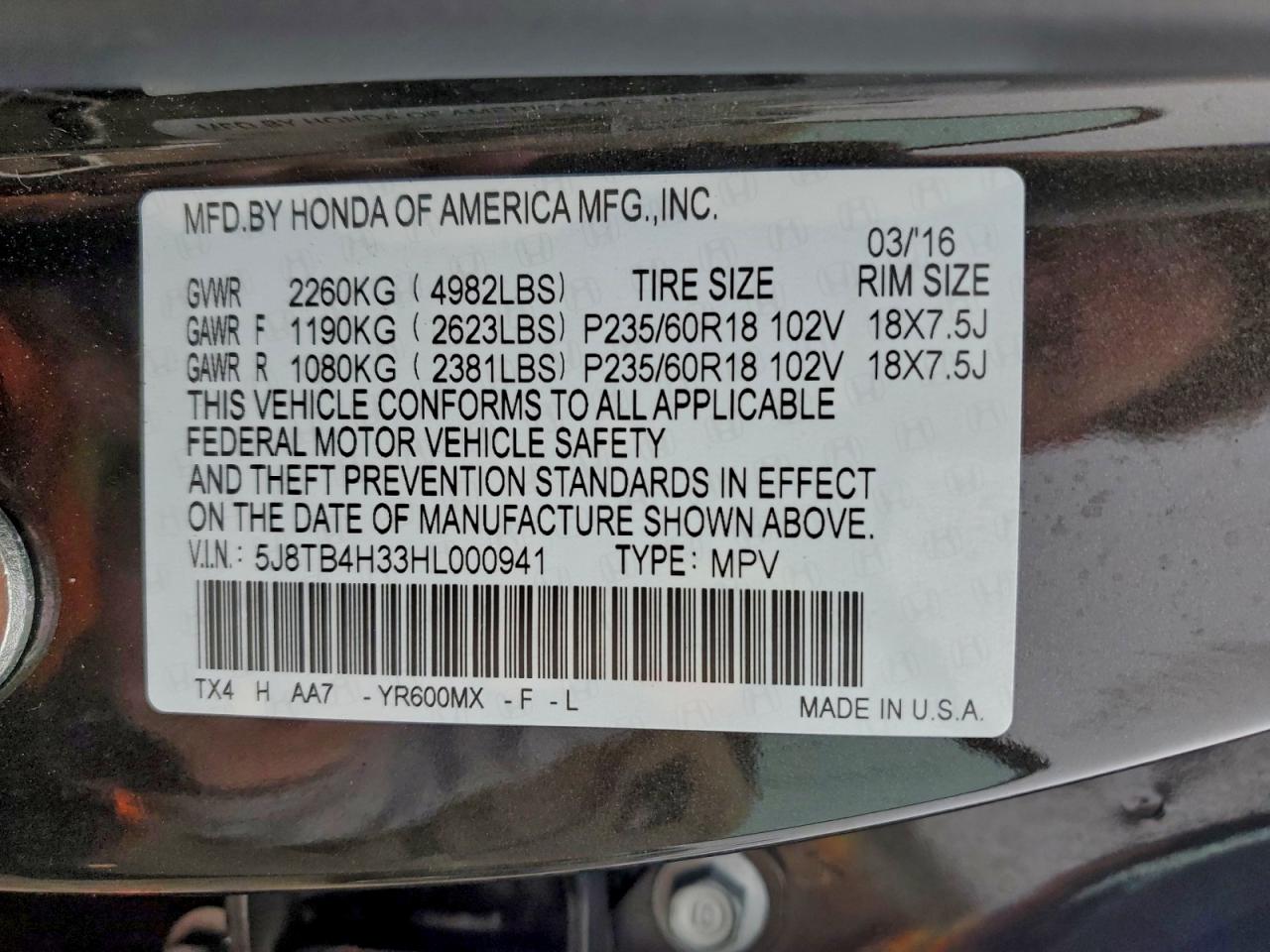 2017 Acura Rdx VIN: 5J8TB4H33HL000941 Lot: 93875155