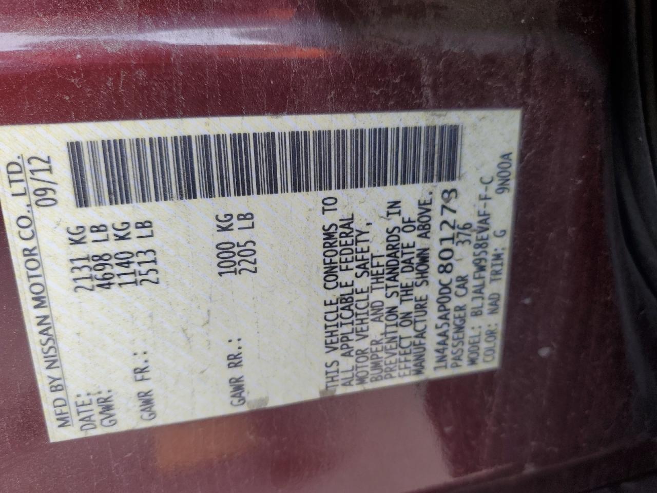 2013 Nissan Maxima S VIN: 1N4AA5AP0DC801273 Lot: 92715615