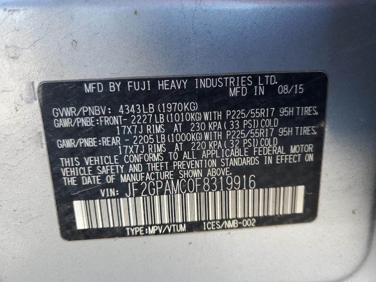 2015 Subaru Xv Crosstrek 2.0 Limited VIN: JF2GPAMC0F8319916 Lot: 92105375