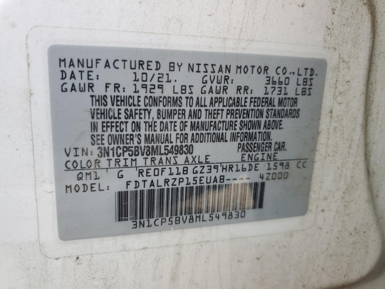 2021 Nissan Kicks S VIN: 3N1CP5BV8ML549830 Lot: 91074515