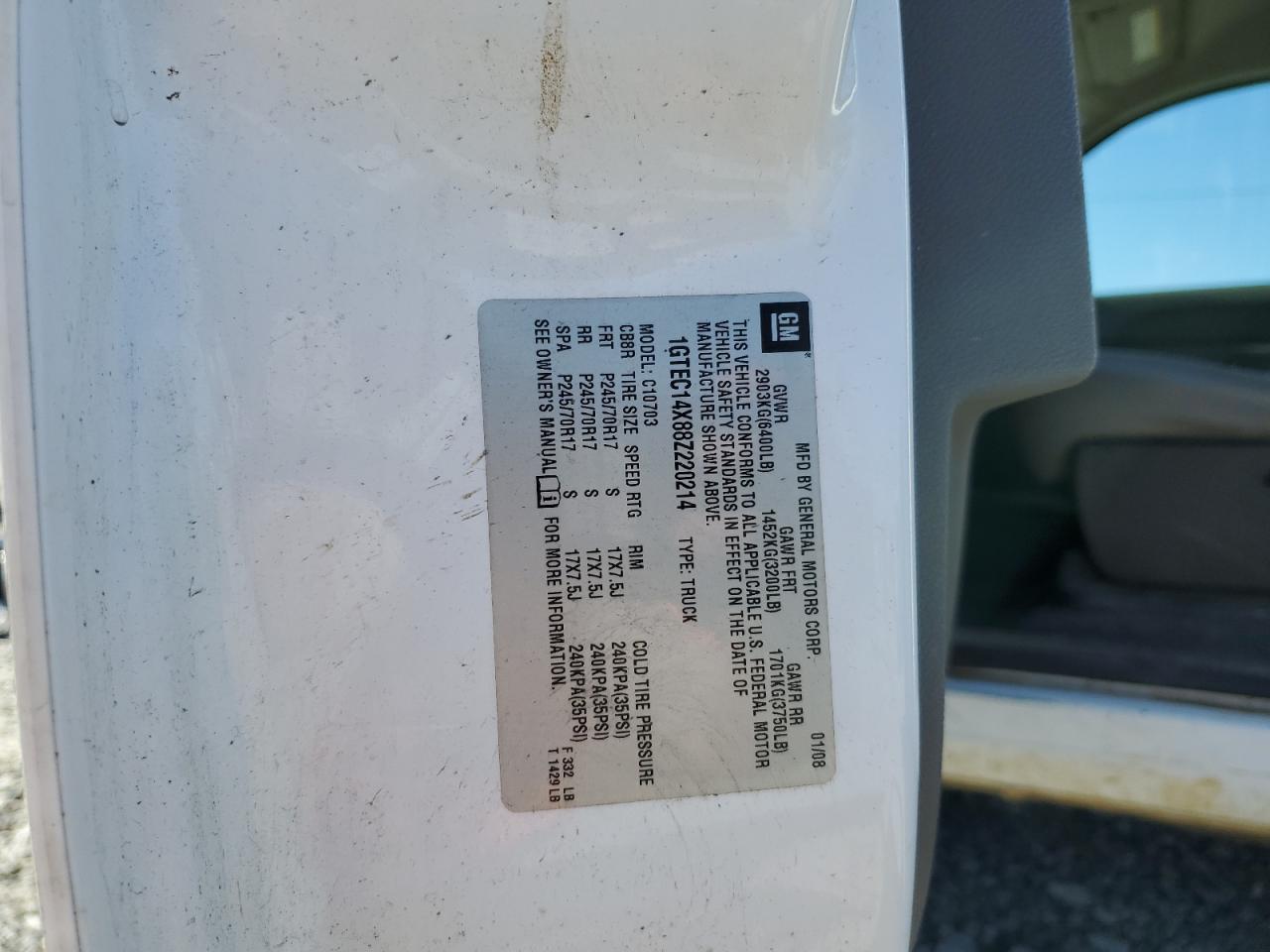 2008 GMC Sierra C1500 VIN: 1GTEC14X88Z220214 Lot: 92428435