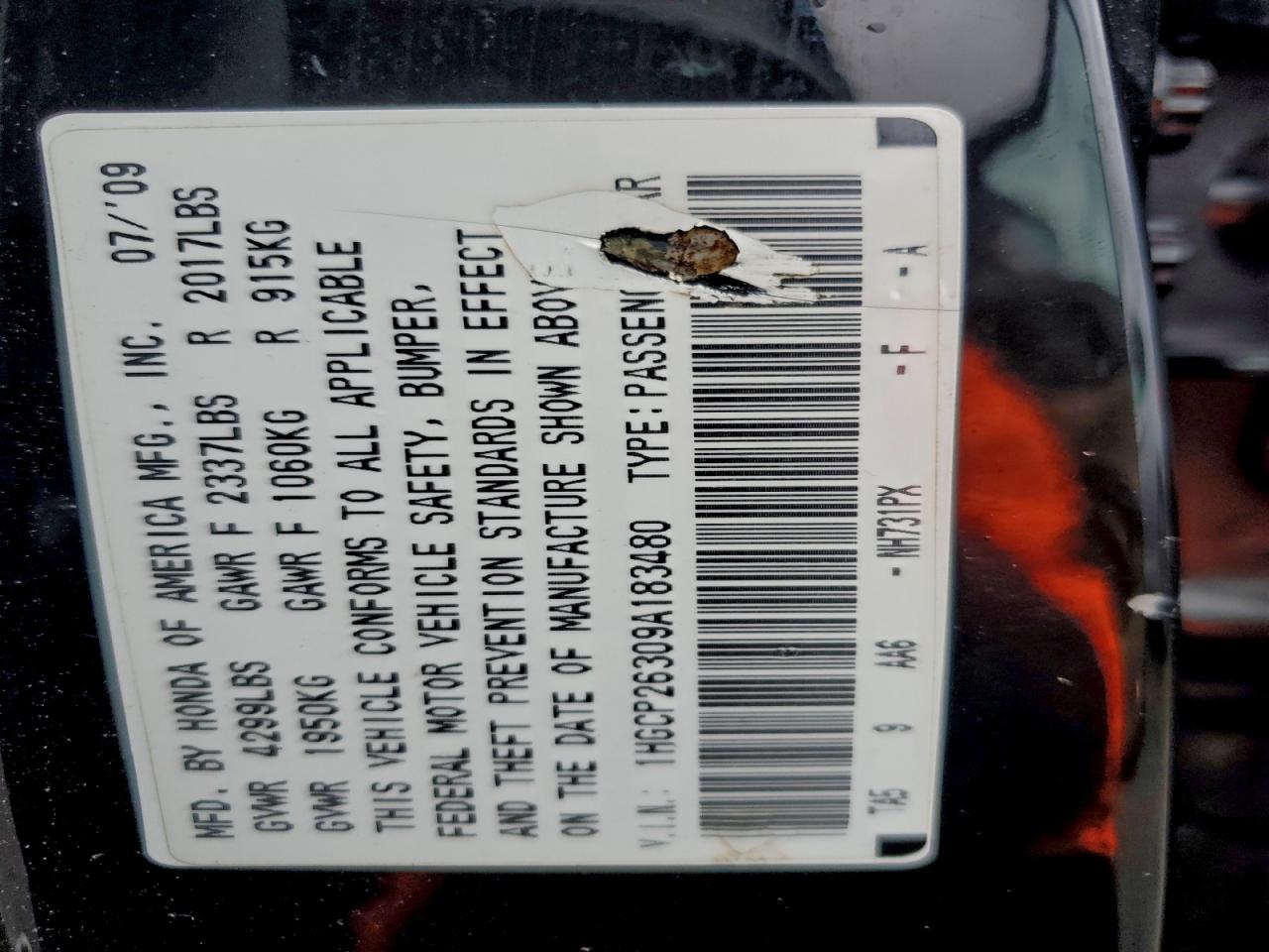 2009 Honda Accord Lx VIN: 1HGCP26309A183480 Lot: 93739545