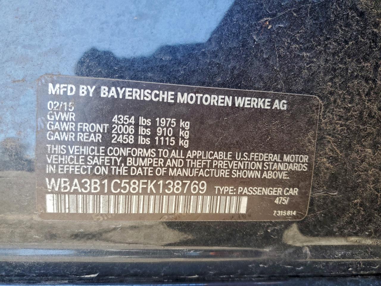 2015 BMW 320 I VIN: WBA3B1C58FK138769 Lot: 94683235