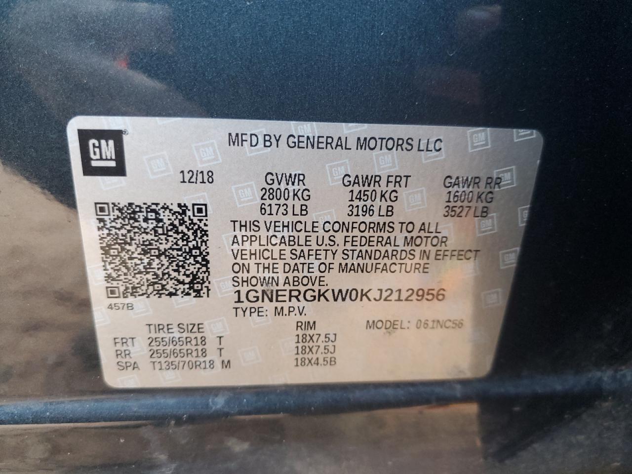 2019 Chevrolet Traverse Lt VIN: 1GNERGKW0KJ212956 Lot: 85429385