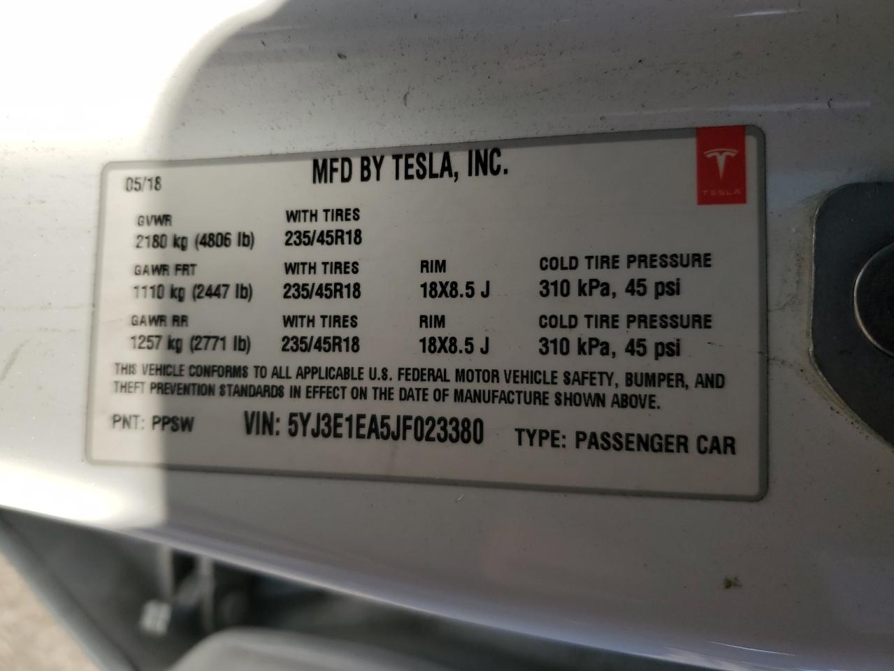 2018 Tesla Model 3 VIN: 5YJ3E1EA5JF023380 Lot: 91984555