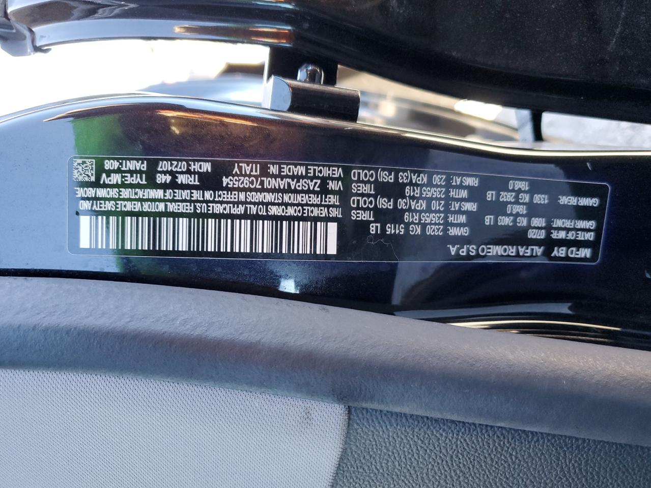 2020 Alfa Romeo Stelvio VIN: ZASPAJAN0L7C92554 Lot: 92647445