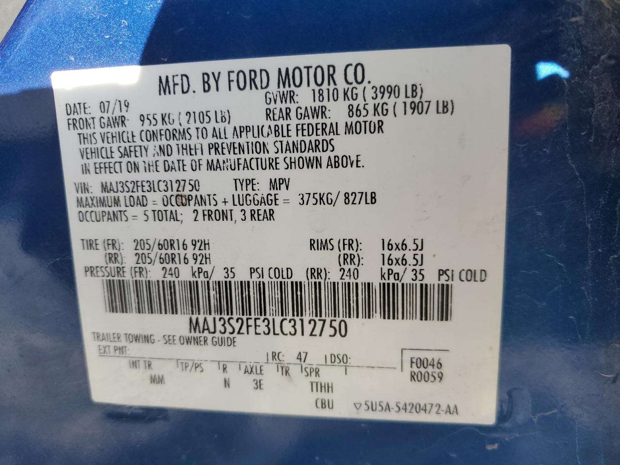 2020 Ford Ecosport S VIN: MAJ3S2FE3LC312750 Lot: 91569415