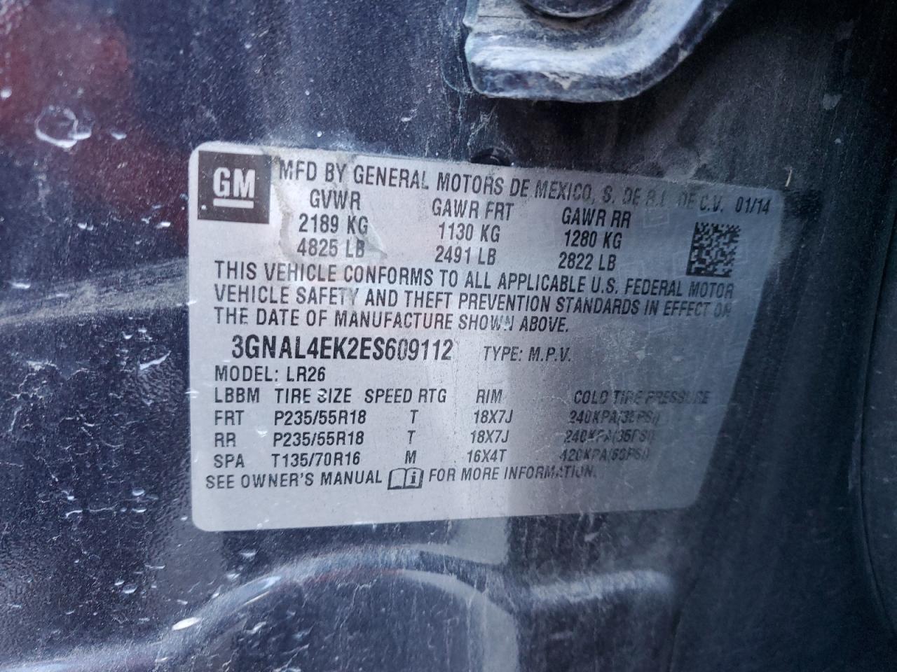 2014 Chevrolet Captiva Ltz VIN: 3GNAL4EK2ES609112 Lot: 91986945