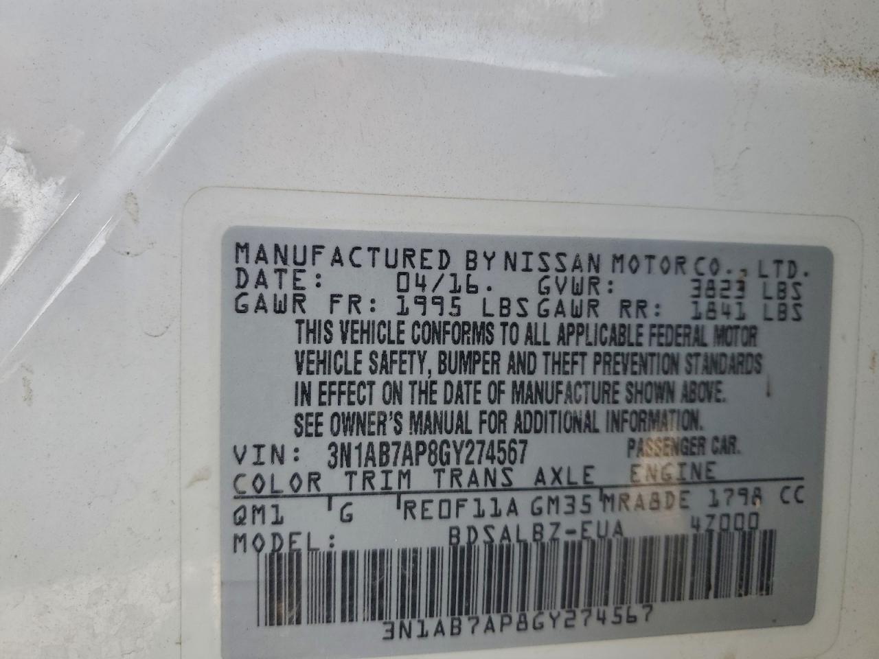 2016 Nissan Sentra S VIN: 3N1AB7AP8GY274567 Lot: 94372365