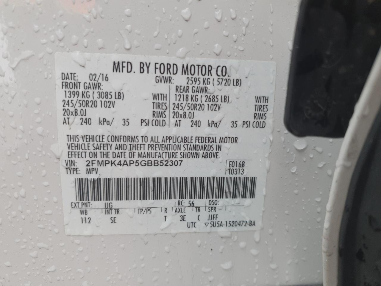 2016 Ford Edge Sport VIN: 2FMPK4AP5GBB52307 Lot: 93946015